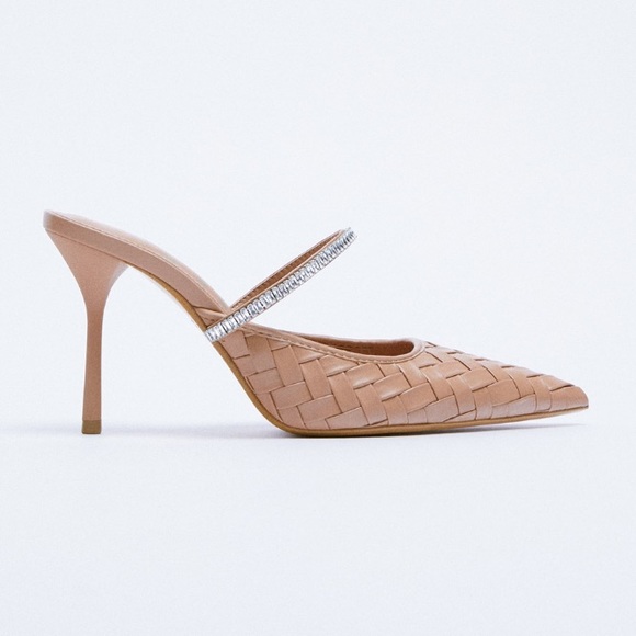 Zara Beige Sparkly Pointed Toe Woven Heels Size 8/39 - Picture 2 of 5